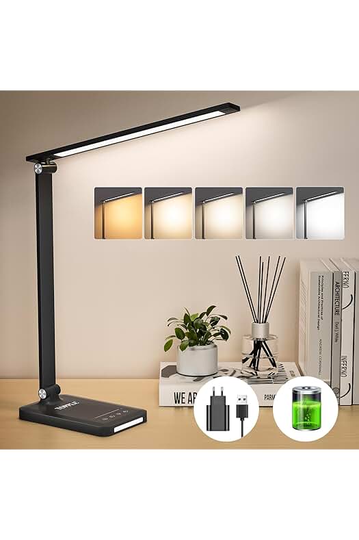 Lámpara de escritorio LED recargable con múltiples modos y niveles de brillo ajustables.