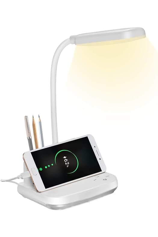Lámpara de escritorio LED recargable con puerto USB y luz nocturna, blanco.