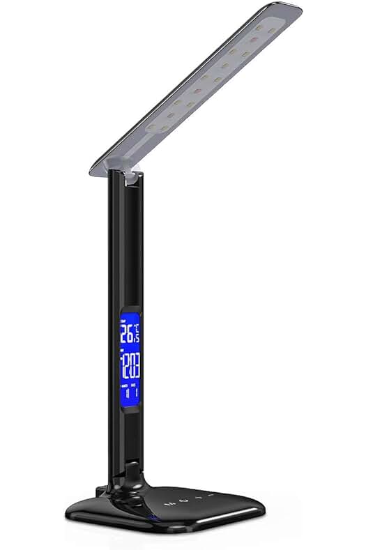 Lámpara de mesa LED con pantalla LCD y carga USB - Calendario y temperatura