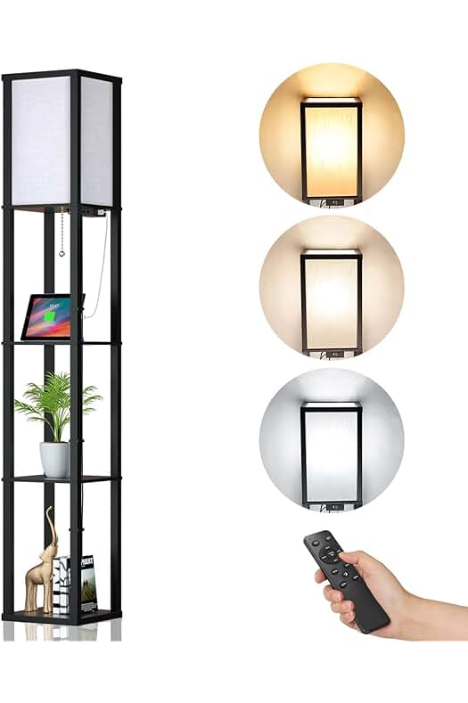 Lámpara de Pie de Madera con Estante y Control Remoto.