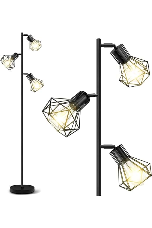 Lámpara de pie industrial rústica con cabezas de jaula ajustables, ideal para sala de estar y oficina.