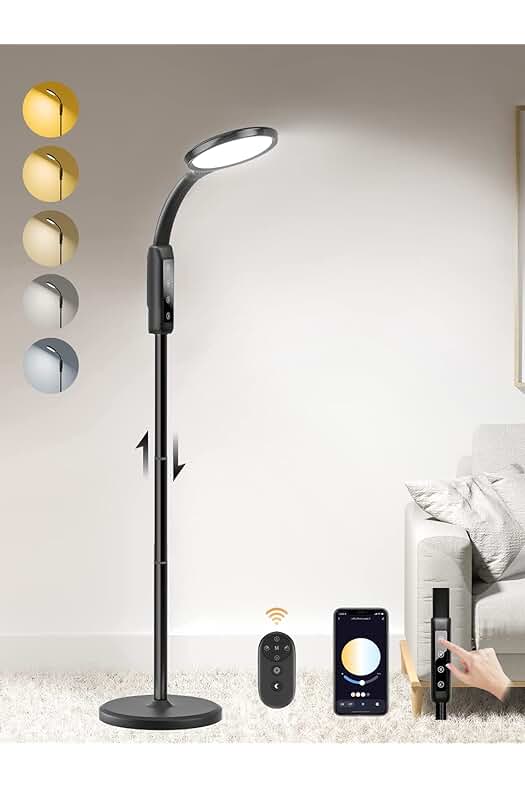 Lámpara de Pie LED Regulable con Control Remoto y APP, Altura Ajustable y Brillo Personalizable.