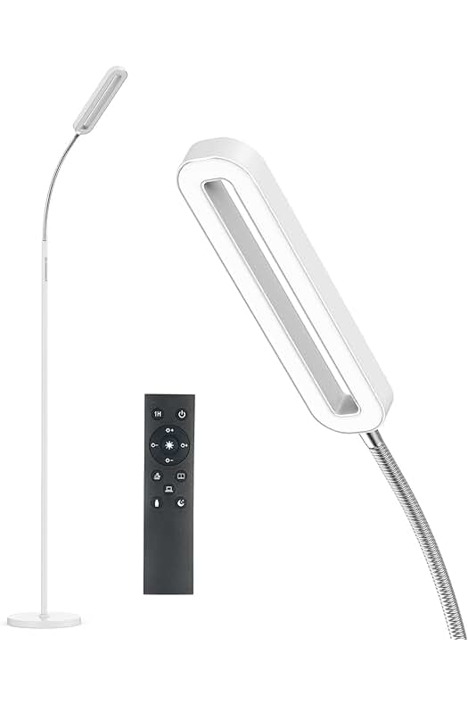 Lámpara de pie LED regulable para salón con control táctil y cuello de cisne ajustable.