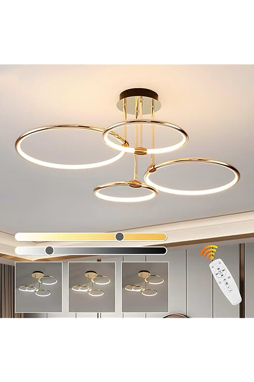 Lámpara de techo LED dorada de diseño moderno y regulable, ideal para dormitorio o sala de estar.