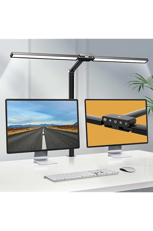 Lámpara LED de escritorio con abrazadera y múltiples ajustes de luz y brillo.
