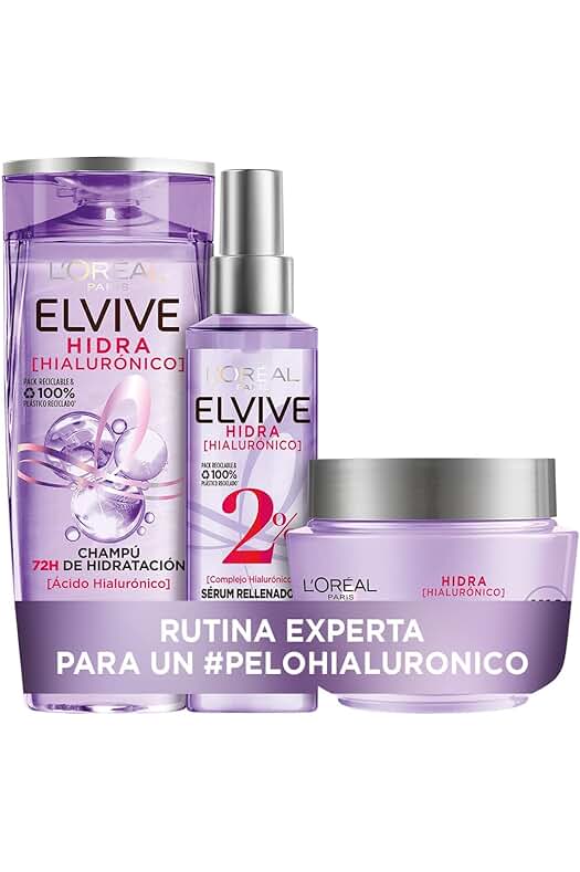LOreal Paris Elvive Cofre Hidratación Hialurónica 72h: Champú, Mascarilla y Sérum Rellenador.