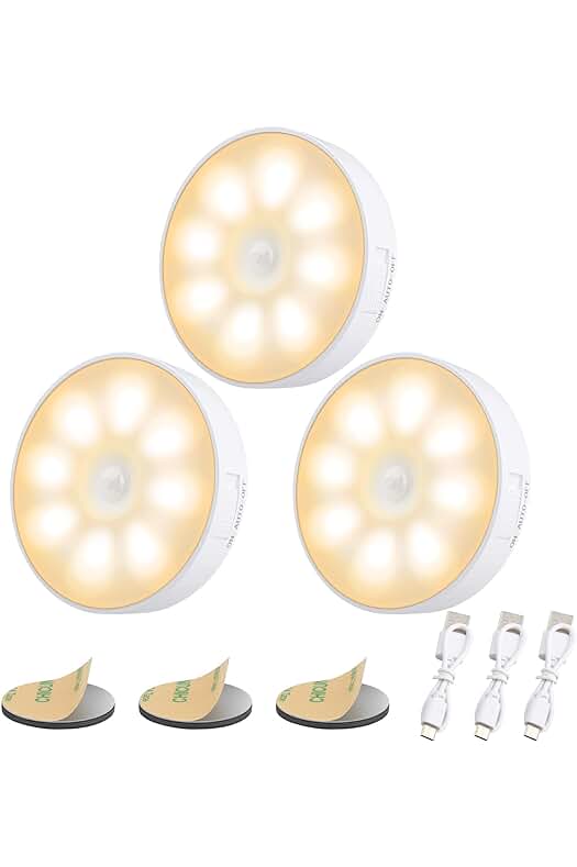 Luz Nocturna LED Recargable por USB [3 Packs], Sensor de Movimiento, 3 Modos (Amarillo Cálido)