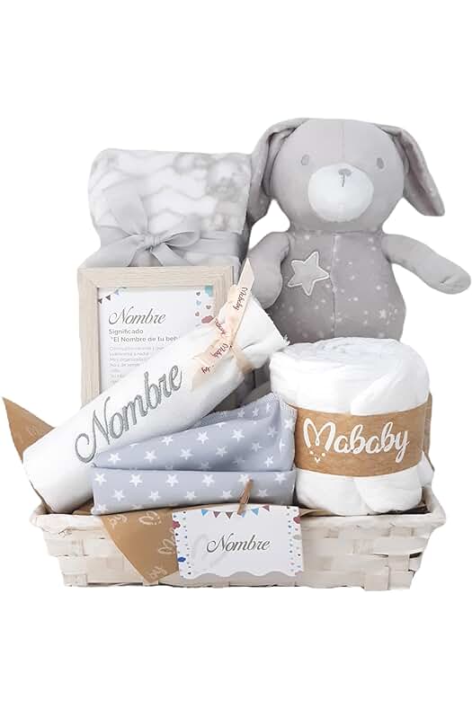 Mababyshop: Canastilla Personalizada para Bebé con Manta, Peluche y Accesorios (Gris)