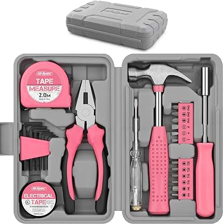 Maletín de herramientas rosa de 24 piezas para bricolaje y reparaciones en casa y oficina.