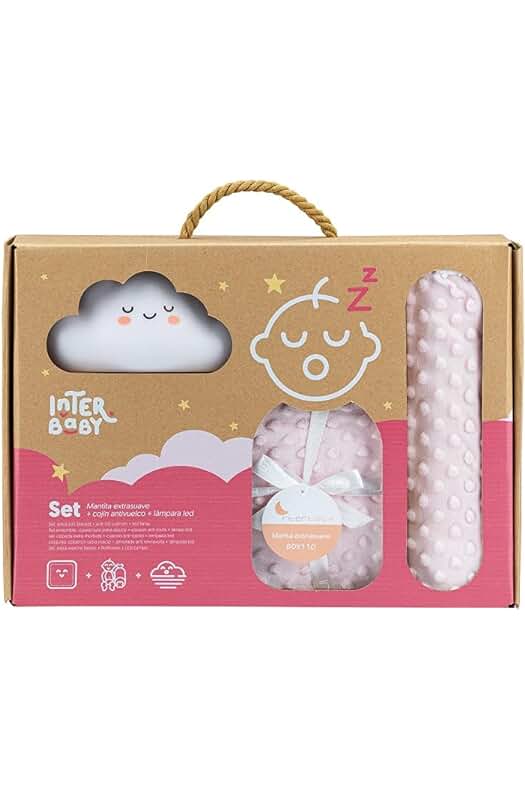Manta de regalo para bebé con cojín, diseño caramelo rosa y lamparita.