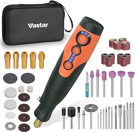 Mini Amoladora Eléctrica Vastar, Kit de Herramientas Rotativas Inalámbricas con 51 Accesorios y luz LED.