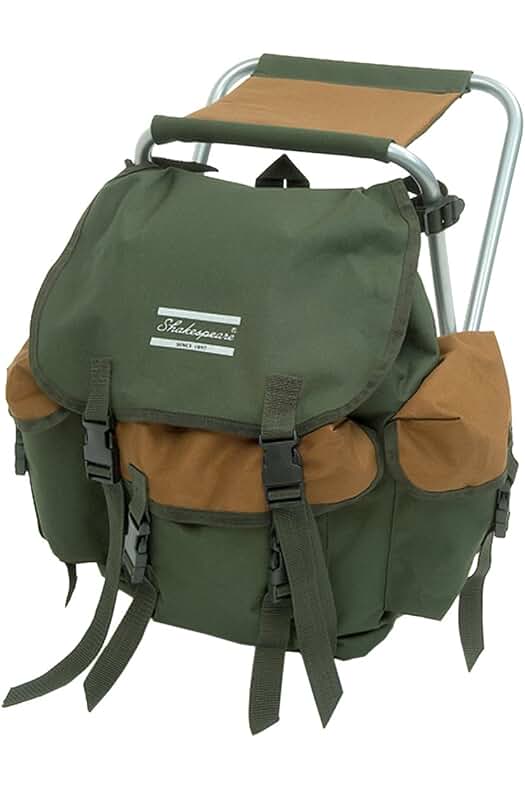 Mochila de Acampada Shakespeare Folding con Taburete Integrado - Tamaño 100, Color Marrón/Verde