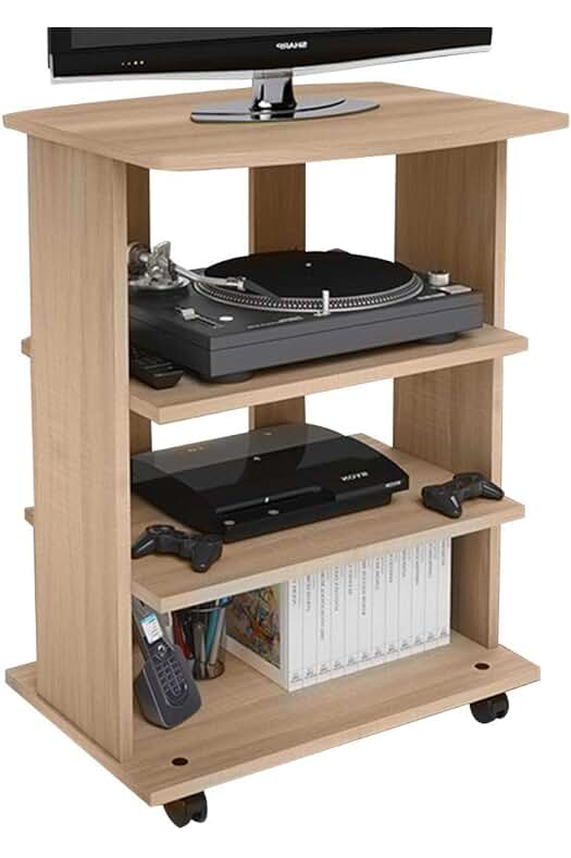 Moderno Mueble de TV de Madera MDF con 3 estantes y 4 Ruedas (Roble)