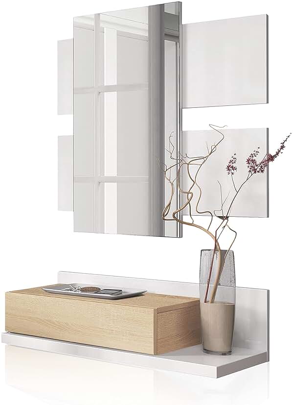 Mueble de entrada con cajón y espejo, diseño moderno y elegante, acabado en blanco y roble.