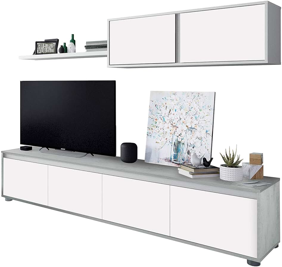 Mueble de Salón Alida: Diseño Moderno en Blanco Artik y Gris Cemento, Medidas 200x43x41 cm