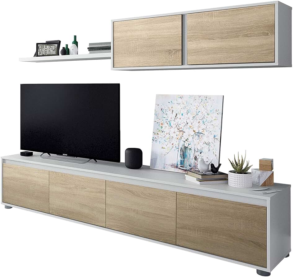 Mueble de Salón Moderno Alida - Acabado Blanco y Roble Canadian - Medidas 200x43x41 cm.