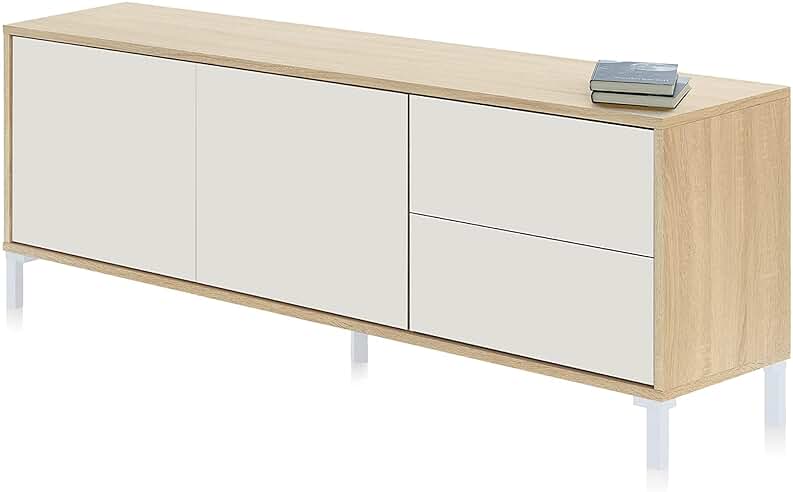 Mueble de TV Brooklyn con 2 puertas, 2 cajones y acabado en roble Canadian y blanco Artik.
