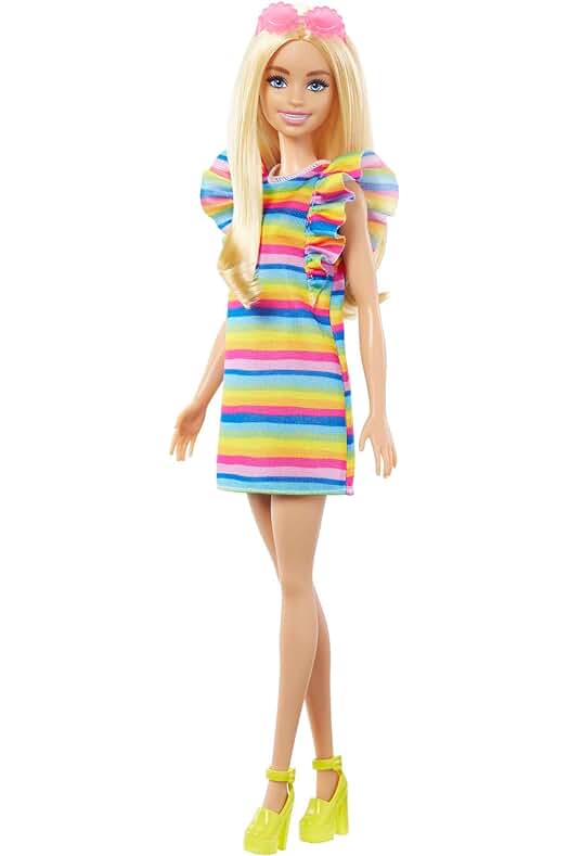 Muñeca Barbie Fashionista con vestido arcoíris y accesorios de moda (Mattel HPF73) - Juguete +3 años.