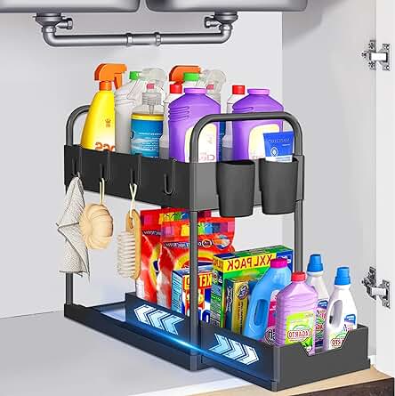 Organizador de almacenamiento deslizable para fregadero - Maximiza el espacio debajo del fregadero.