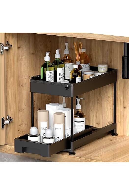 Organizador de cocina de dos niveles con ganchos para ahorrar espacio y maximizar el almacenamiento.