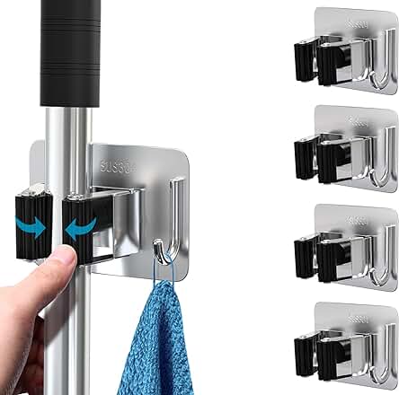 Organizador de Escobas y Fregonas: Soporte de Acero Inoxidable sin Perforar para Cocina, Baño, Garaje
