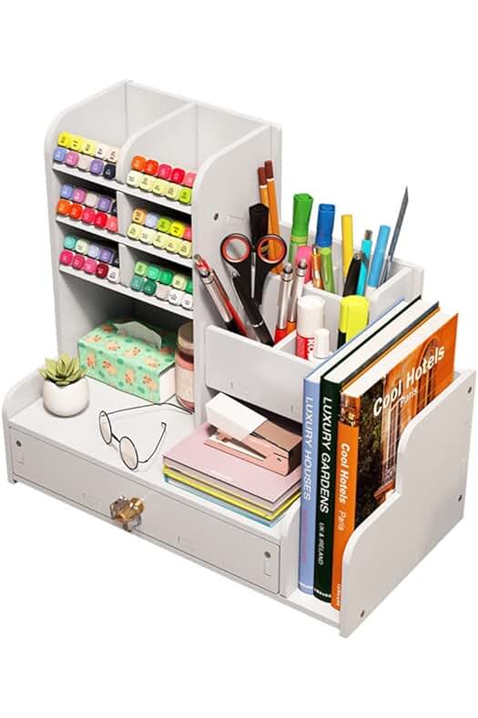 Organizador de escritorio con cajón y soporte para lápices - Práctico y elegante.