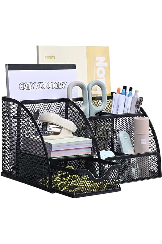 Organizador de escritorio metálico con cajón y porta lápices, perfecto para ahorrar espacio.