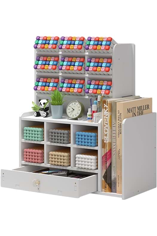 Organizador de escritorio multifuncional con 15 compartimentos para papelería y archivos.