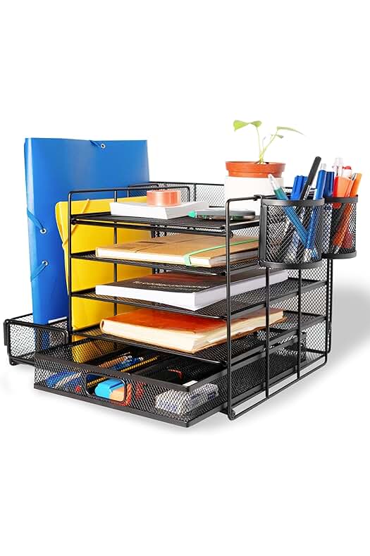 Organizador de escritorio multiusos con compartimentos y cajón para mantener tu espacio ordenado.