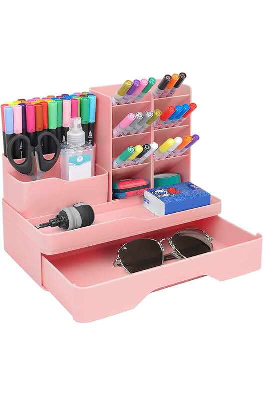 Organizador de escritorio para lápices con cajón: práctico y multifuncional en color rosa.