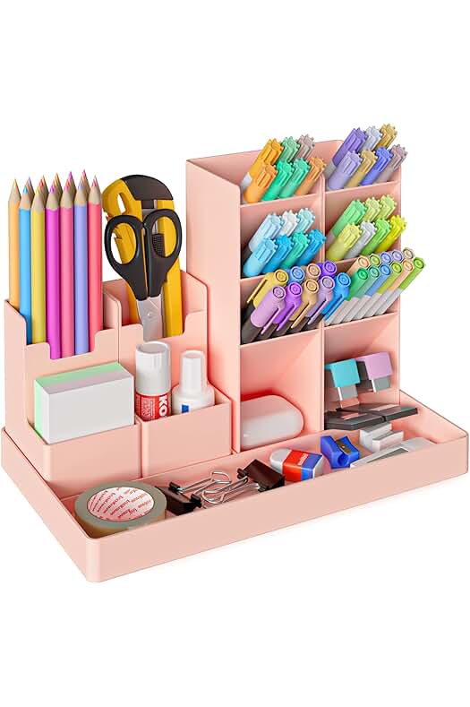 Organizador de escritorio para lápices en rosa: práctico y multifuncional.