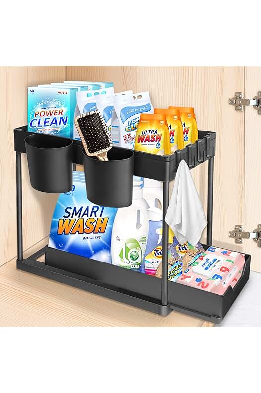Organizador deslizable para debajo del fregadero con cajón extraíble y ganchos de almacenamiento