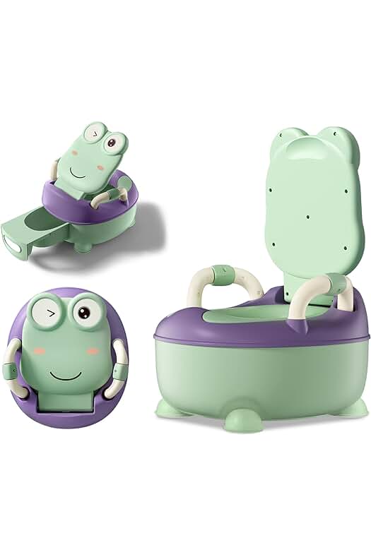 Orinal infantil para entrenamiento de inodoro con protección contra salpicaduras y reposabrazos, color verde.