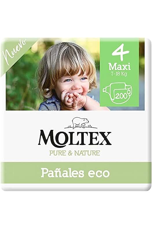 Pañales ecológicos blancos Moltex Pure & Nature - Talla 4 (9-15 Kg) - Pack 200 unidades.