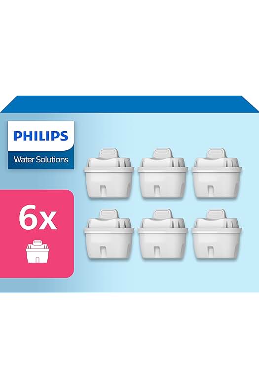 Pack de 6 cartuchos de filtro de agua Philips, compatible con Brita, reduce microplásticos, cloro y metales pesados.