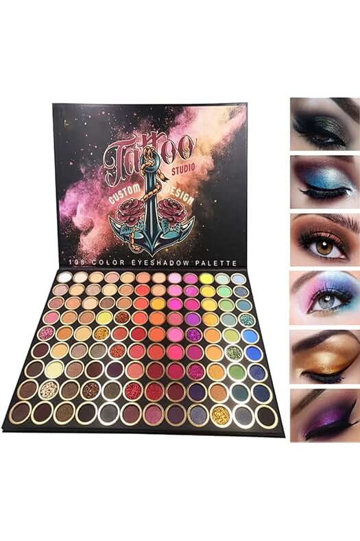 Paleta de sombras de ojos mate de 108 colores con alta pigmentación y larga duración.