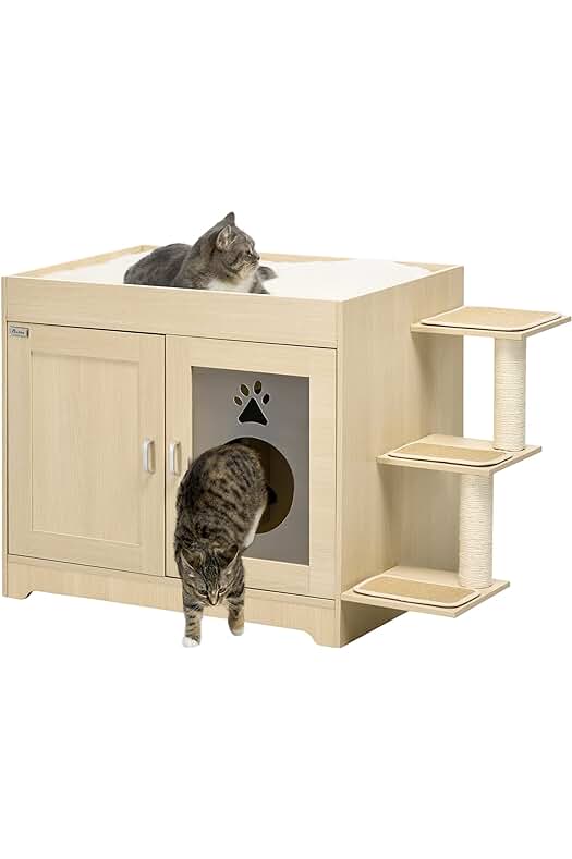 PawHut Mueble Arenero para Gatos de Madera con Cama Cojín y Postes de Sisal