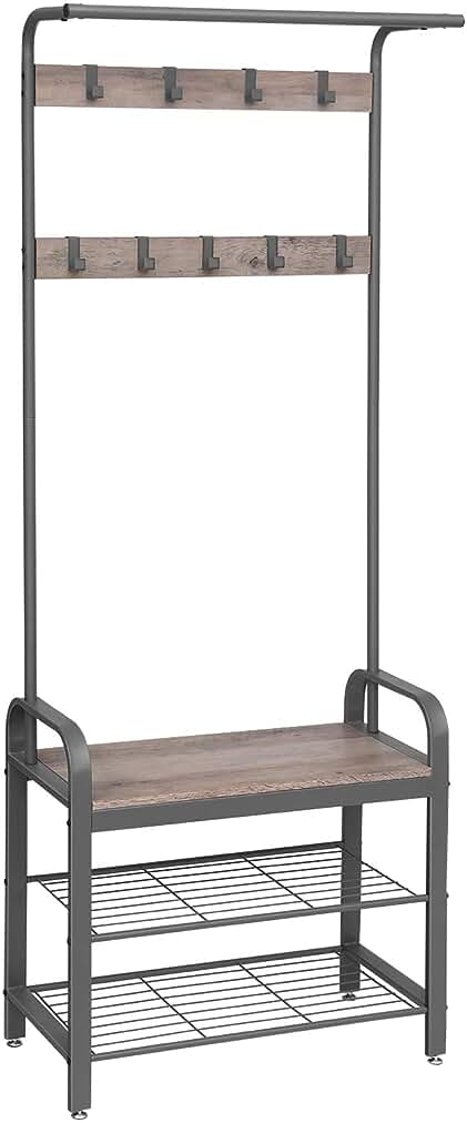 Perchero de estilo industrial para vestíbulo con banco, ganchos extraíbles y estructura metálica gris.
