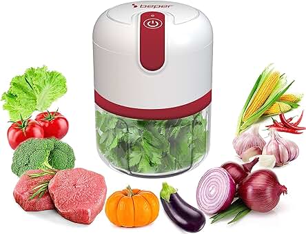 Picadora USB recargable BEPER P102ROB050: Mini robot de cocina con cuchillas de acero inoxidable.