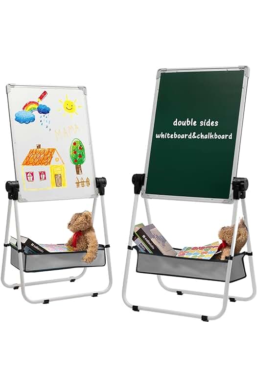 Pizarra Caballete para niños con altura ajustable y rotación de 360° - Conjunto Completo, Blanco