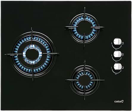 Placa de Gas Cristal Negro, Modelo CIB 6021 BK, 3 Fuegos, Ancho 59 cm, Butano