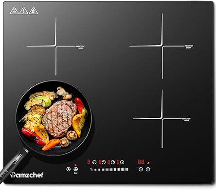 Placa de inducción AMZCHEF con 4 fuegos, control táctil, bloqueo para niños y protección contra sobrecalentamiento.