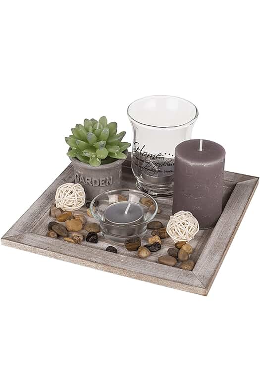 Plato Cuadrado de Madera Natural para Decoración con Portavelas, Velas y Piedras Decorativas