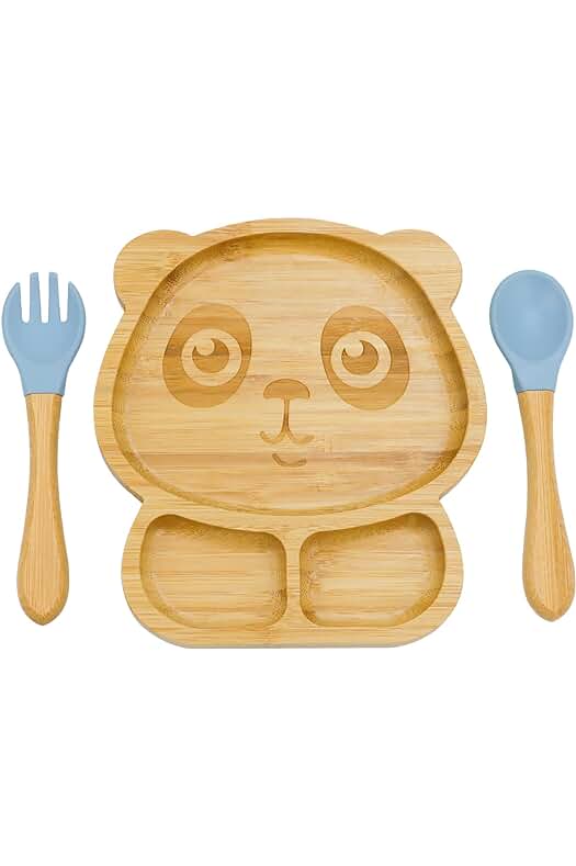 Plato de Alimentación con Ventosa para Bebés, Set de Cubiertos Incluido (Panda_Azul)