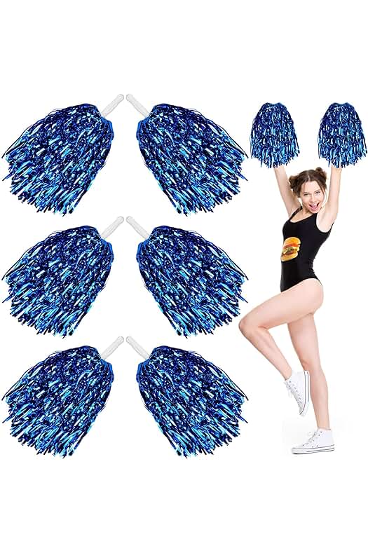 Pompones de animadora en azul metálico para bailar, animar y vitorear - Juego de 6 piezas.
