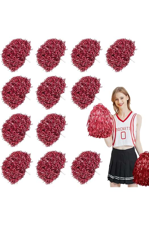 Pompones de Porristas: Conjunto de 12 Pompones Rojos Metálicos para Animadoras y Competiciones Deportivas.