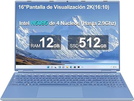 Portátil AOCWEI 16 con Pantalla 2K, WiFi 5G y Amplio Almacenamiento SSD de 512GB.