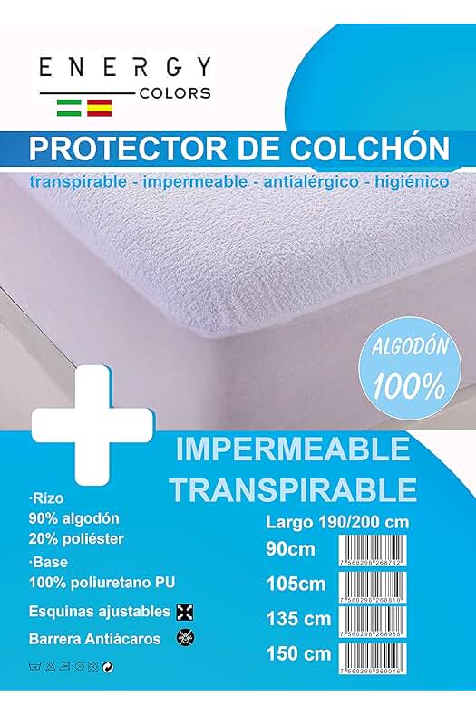 Protector colchón impermeable de rizo de algodón con esquina elástica ajustable y transpirable.
