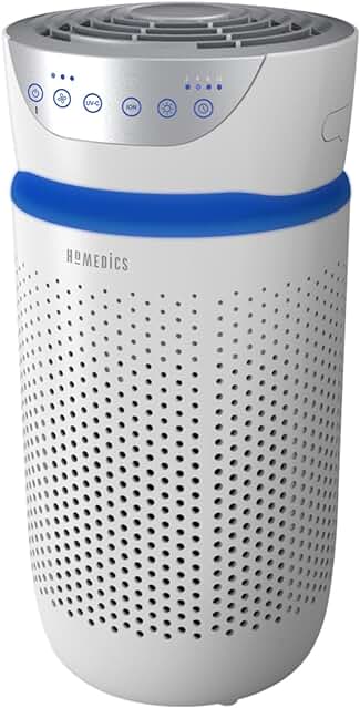 Purificador de aire HoMedics con filtro HEPA y carbón activo para el hogar.