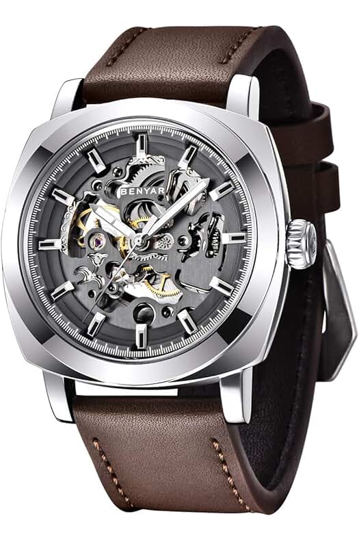 Reloj automático de hombre con pulsera de cuero y movimiento dorado | Resistente al agua y los arañazos.